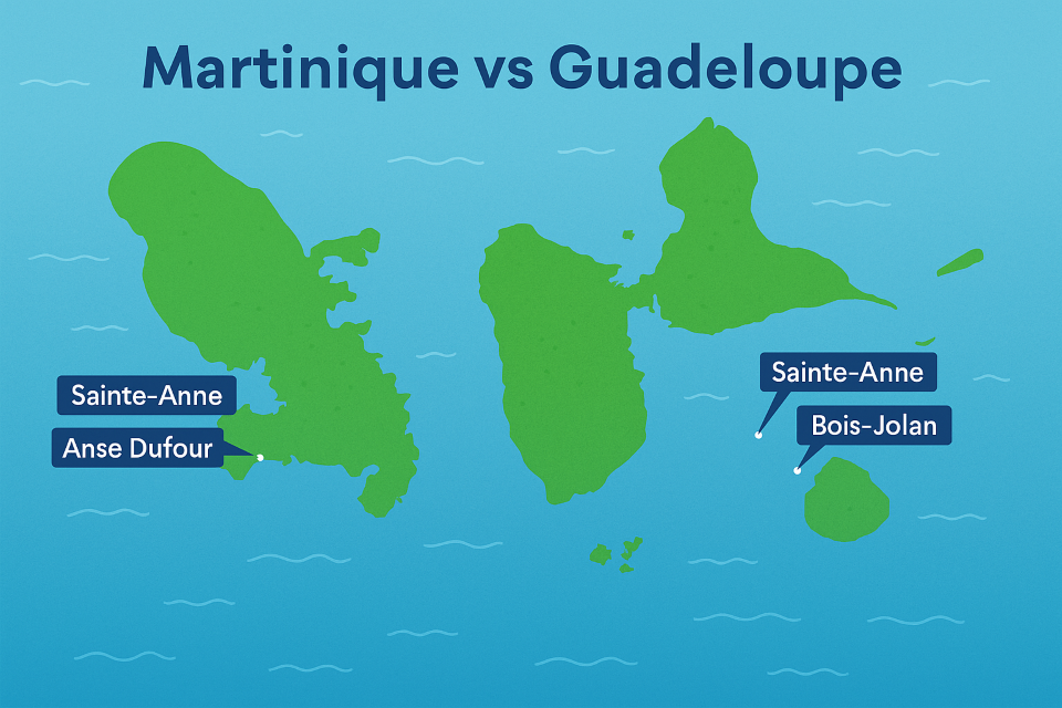 Carte illustrée pour choisir entre Martinique ou Guadeloupe en comparant les plages emblématiques comme Anse Dufour, Sainte-Anne et Bois-Jolan